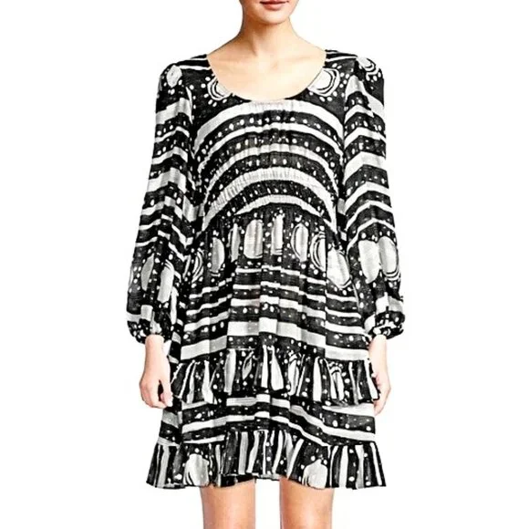 Cynthia Rowley Sicily Silk Wrap Dress Black White Smocked Waist Cap Sleeve Size - Picture 12 of 13